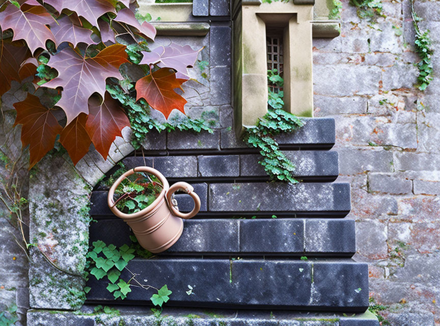 Clay pot on stone steps with ivy, vine-covered wall, autumn leaves