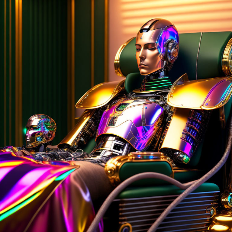 Golden futuristic android with intricate details on green background