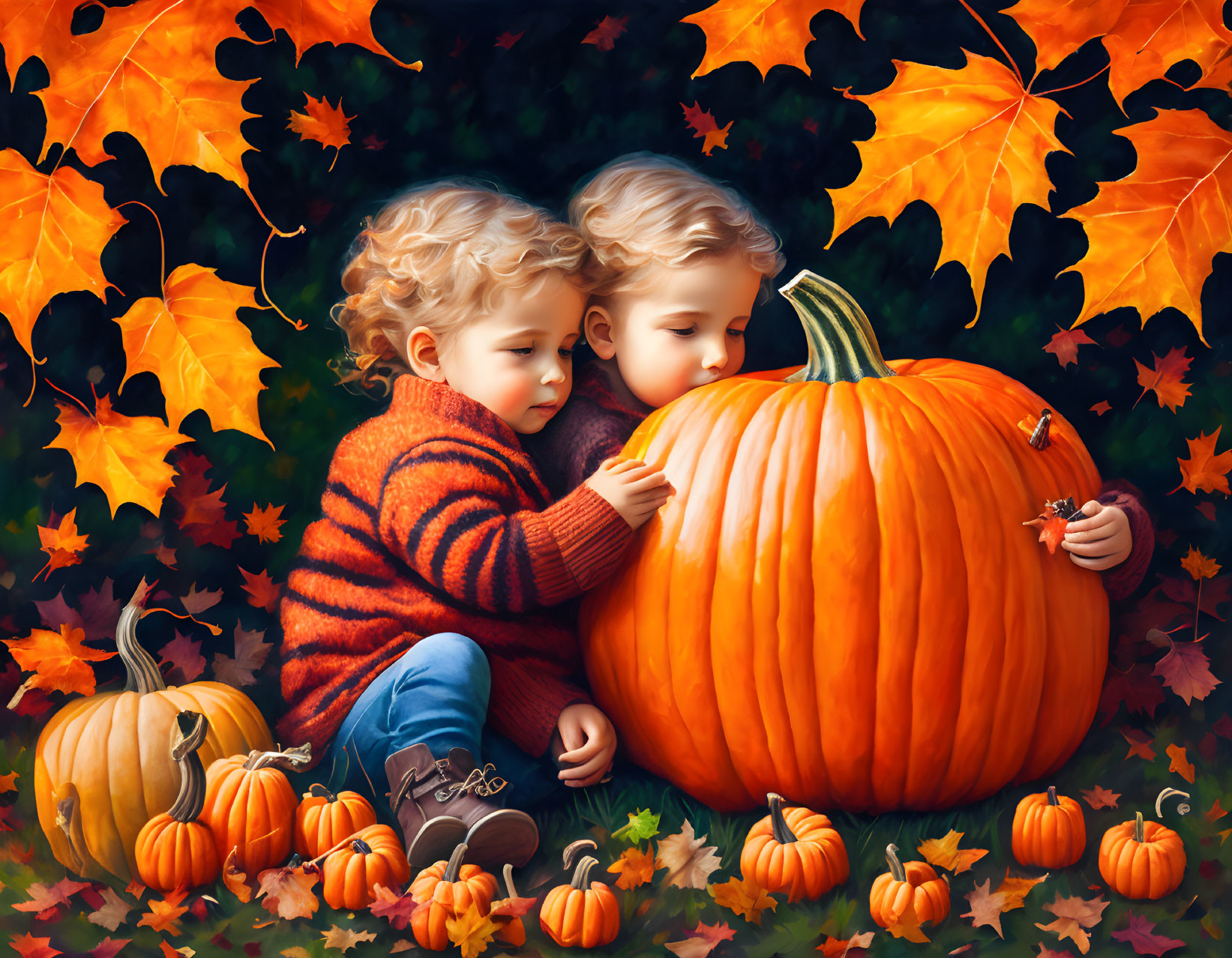 Children in cozy sweaters with large pumpkin and autumn leaves.