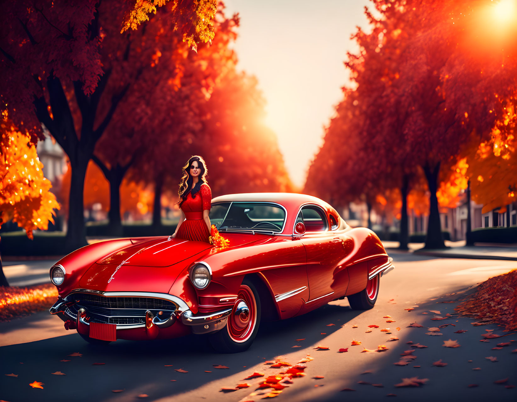 Woman in red dress with bouquet leaning on classic car in autumn street