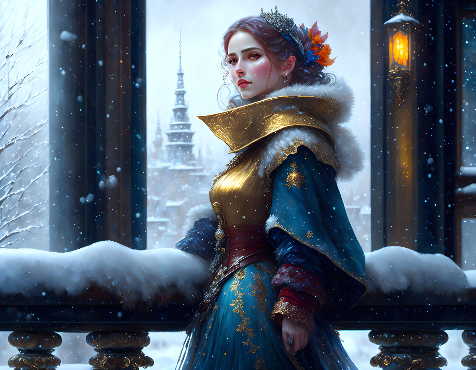 Medieval-themed portrait of a woman in blue and gold dress with snow and castle background