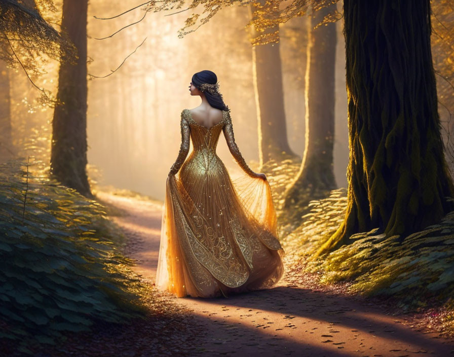 Elegant woman in golden gown in sunlit forest.