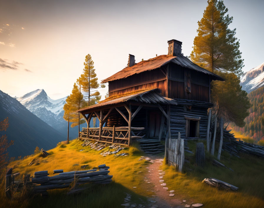 Rustic wooden cabin with autumn trees and mountain backdrop at sunset