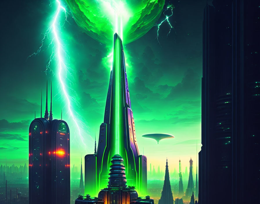 Futuristic cityscape with neon green energy beams and flying vehicles