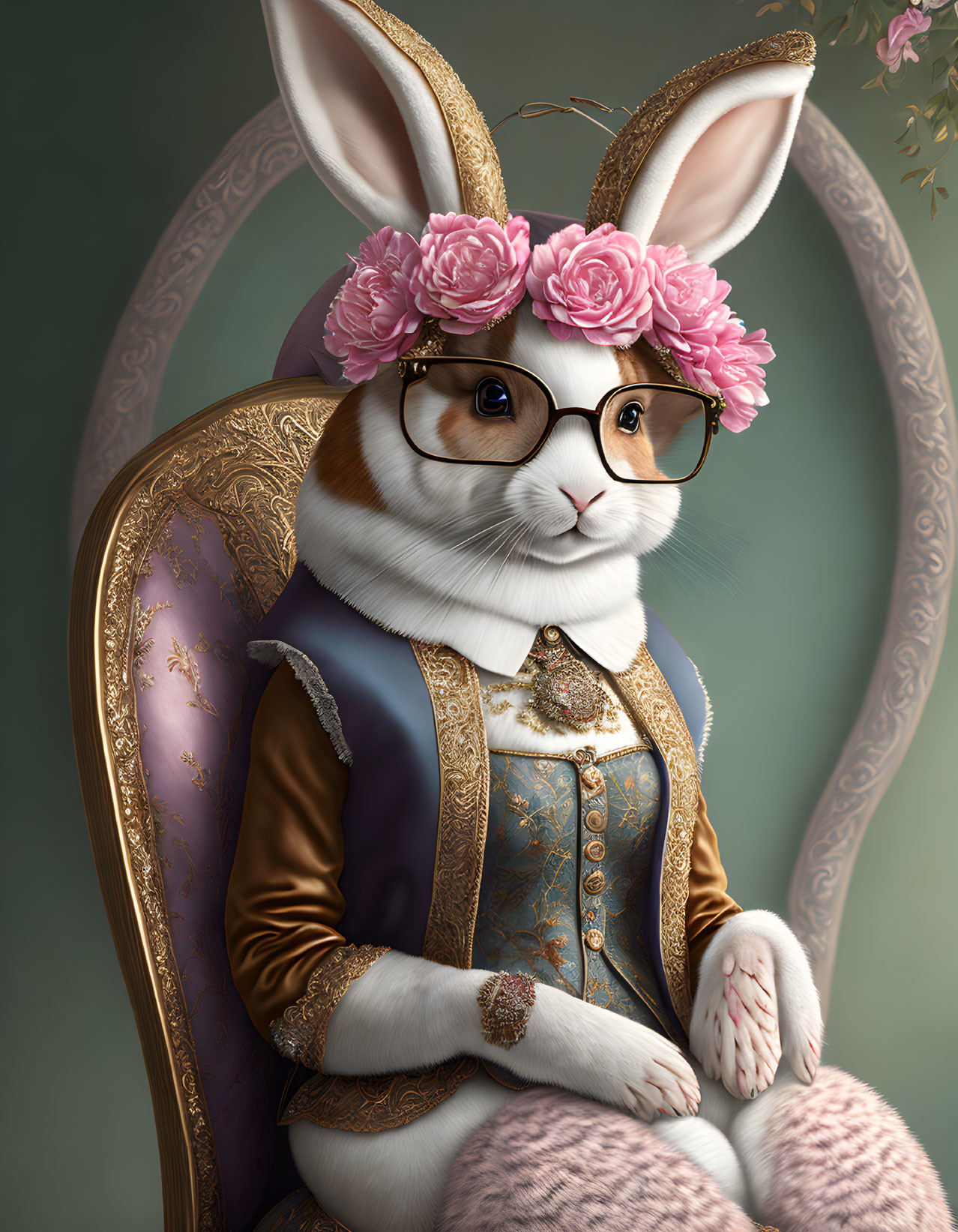 Elegant anthropomorphic rabbit in period attire with glasses and rose crown seated in ornate chair