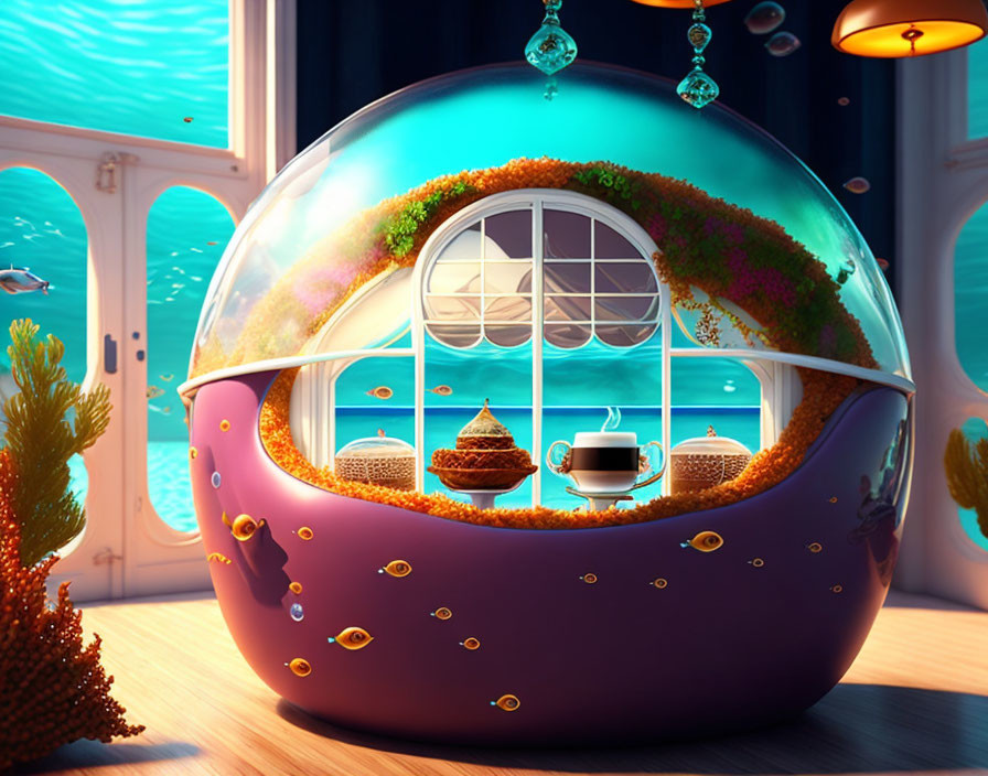 Transparent dome-shaped cafe in whimsical underwater scene