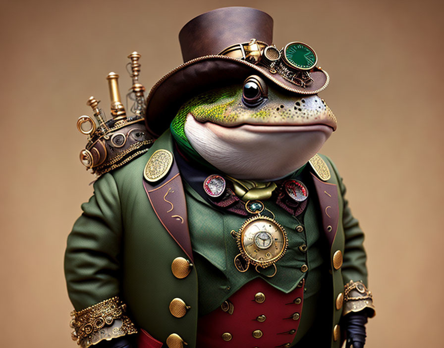 Anthropomorphic frog in steampunk attire with goggles and top hat