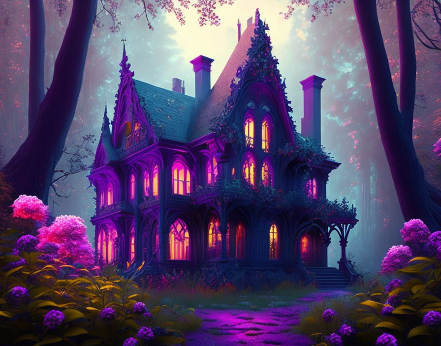 Victorian-style house in mystical forest with purple flowers and foggy backdrop