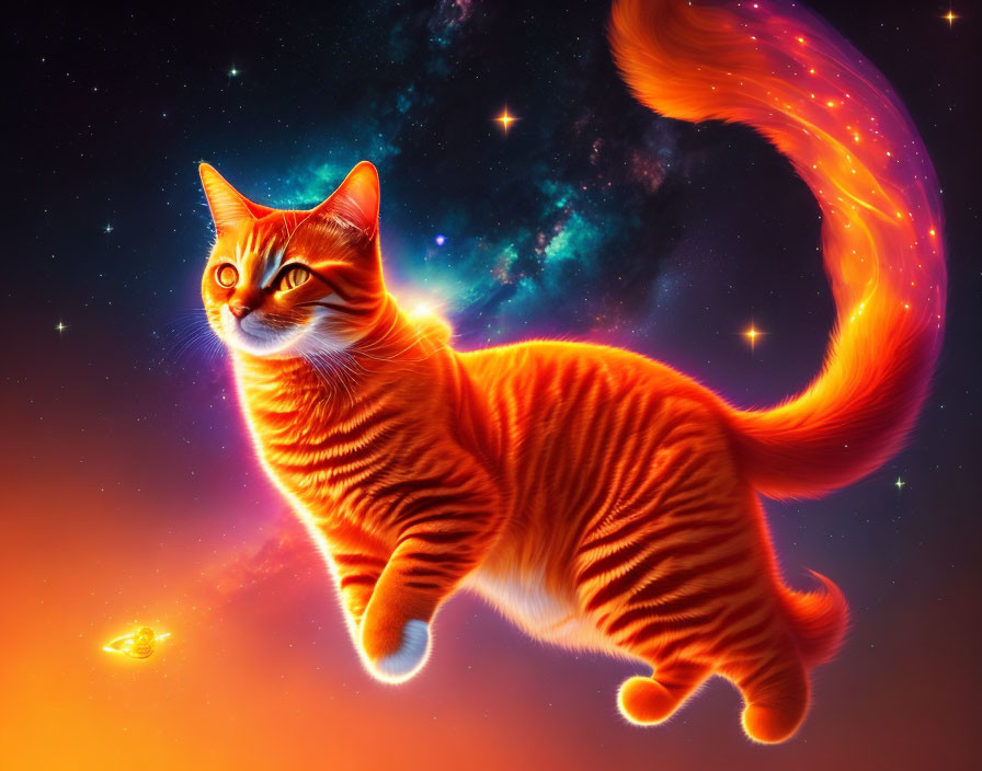 Orange Tabby Cat with Fiery Tail on Cosmic Background