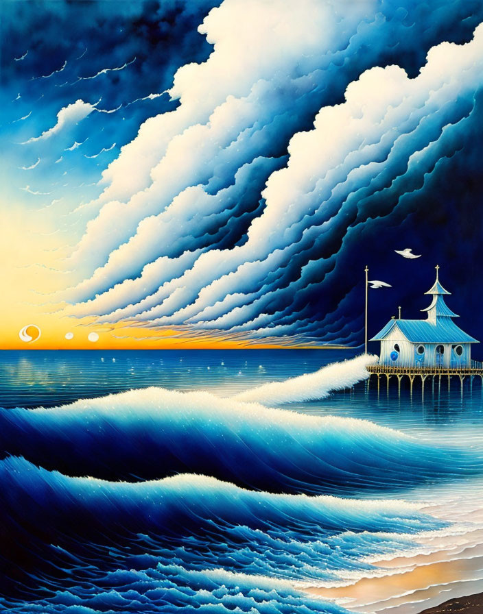 Surreal seascape with house on stilts, undulating waves, sunset horizon