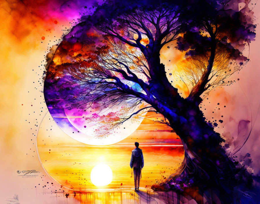 Colorful Tree Man Under Sunset with Orb and Moon