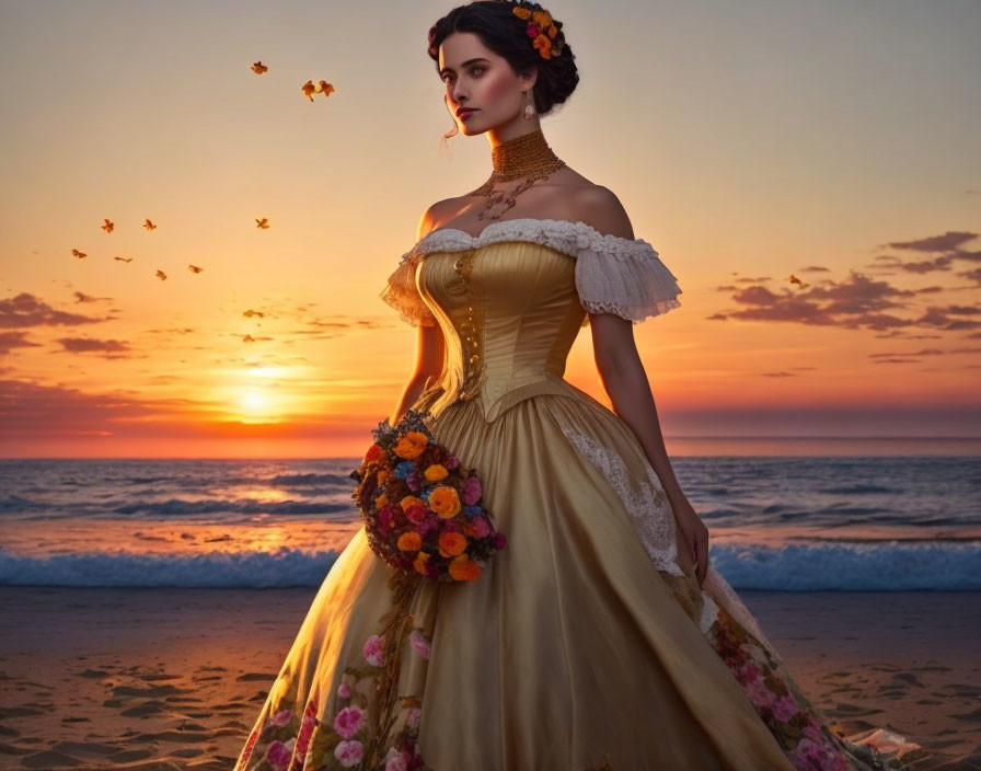 Woman in vintage yellow gown on beach at sunset with flying birds