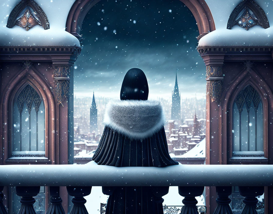 Person in Dark Cloak on Snowy Balcony Overlooking Gothic Cityscape at Twilight