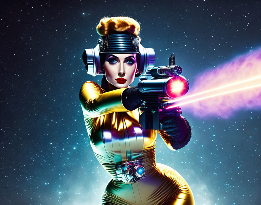 Futuristic female warrior in gold bodysuit aims sci-fi blaster in space.