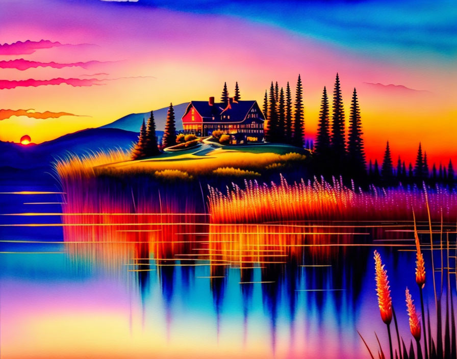 Colorful lakeside sunset scene with house and evergreens.