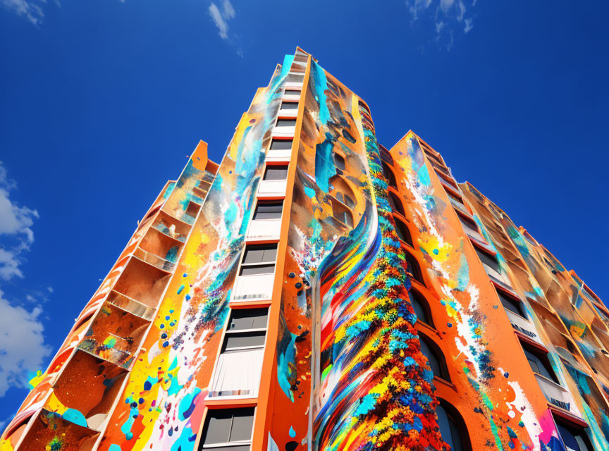 Multicolored graffiti mural on modern apartment building façade