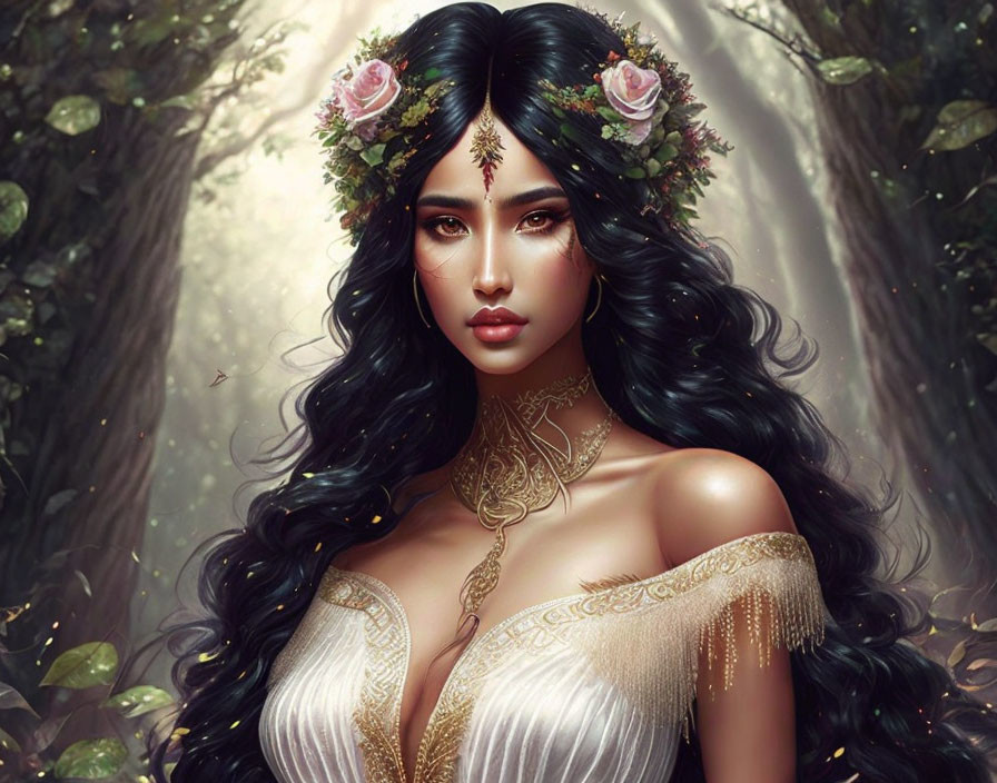 Fantasy woman with black hair in floral crown in mystical forest