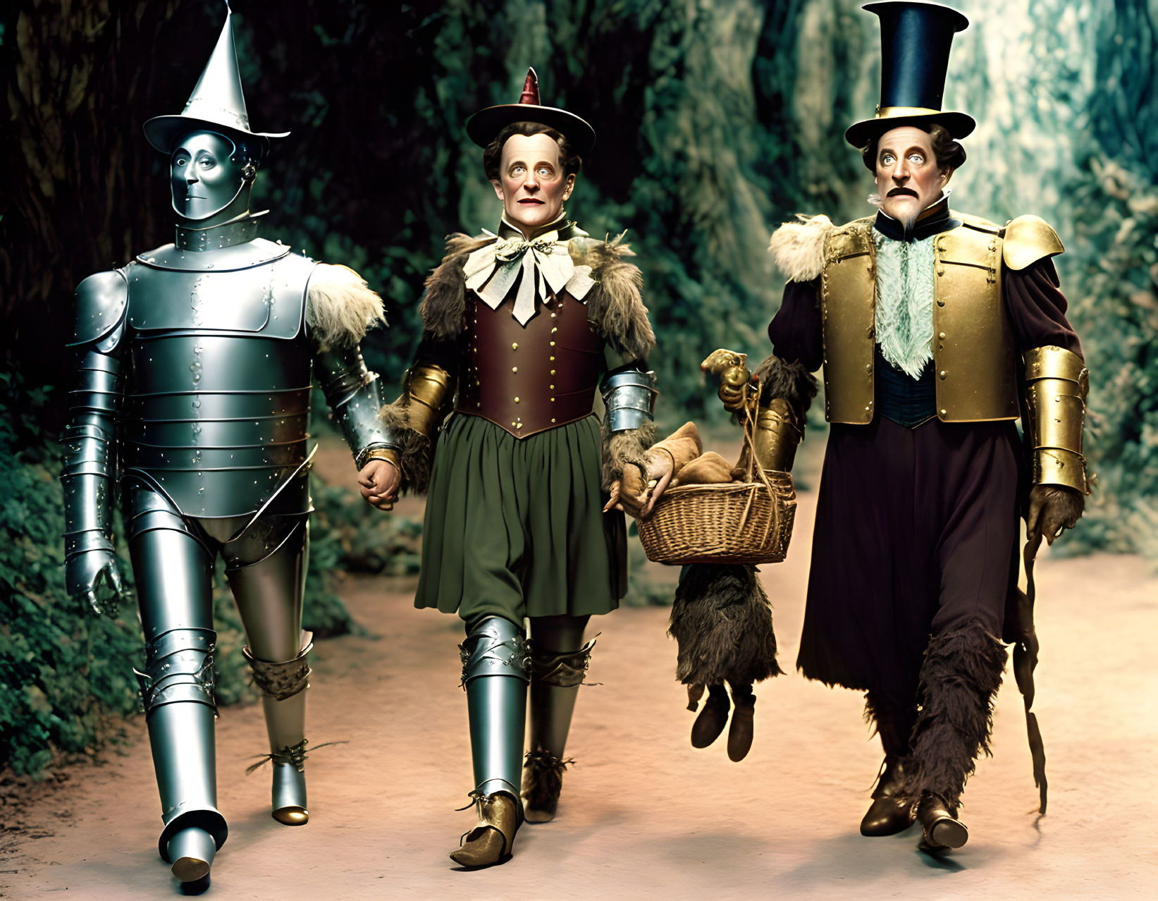 Famous trio from "The Wizard of Oz" in forest scene