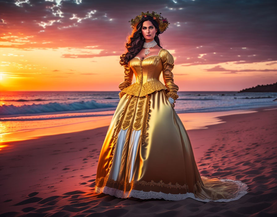 Woman in Golden Gown on Beach at Sunset with Pearl Necklace