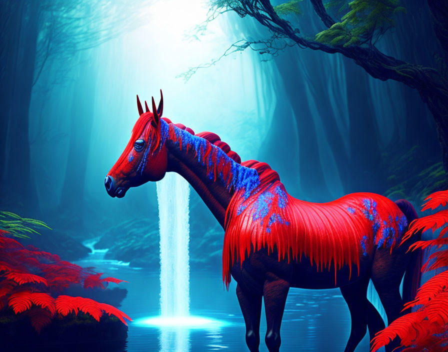 Digitally created red horse in ethereal blue forest with waterfall