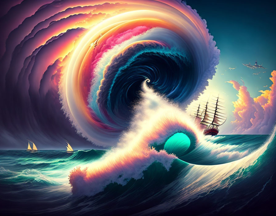 Large ship confronting massive spiraling wave in colorful seascape