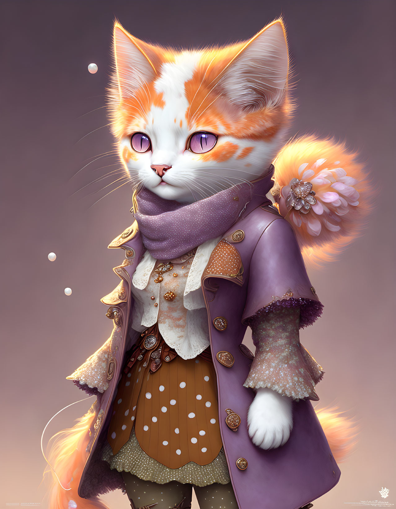 Orange and White Cat Illustration in Purple Outfit on Soft Background