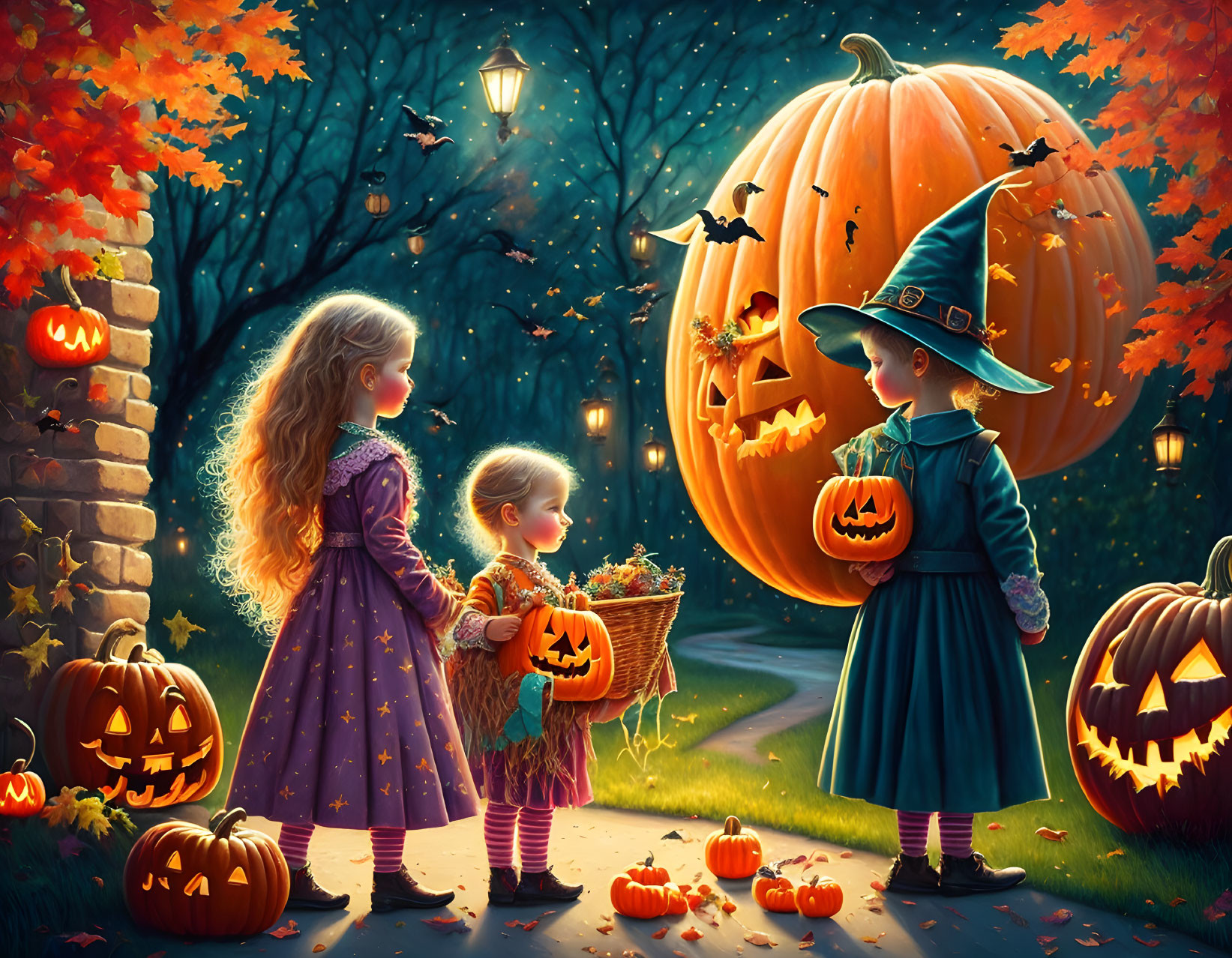 Children in Halloween costumes with carved pumpkins on autumn path.