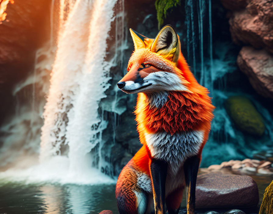 Red Fox by Waterfall: Serene Scene with Sunlit Fur