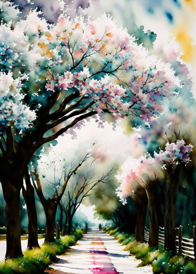 Colorful Watercolor Painting of Blossoming Tree-Lined Pathway