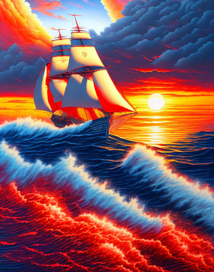 Sailing ship with white sails on fiery waves at sunset