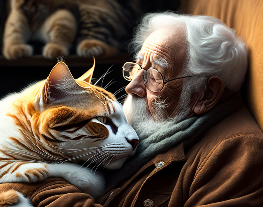 Elderly man with white beard napping with orange tabby cat.