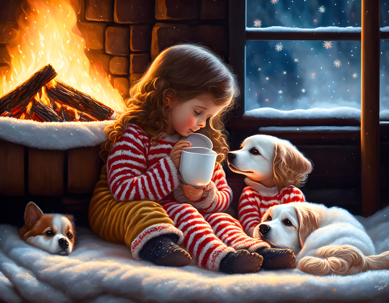 Young girl in striped pajamas with dogs by fireplace in snowy scene