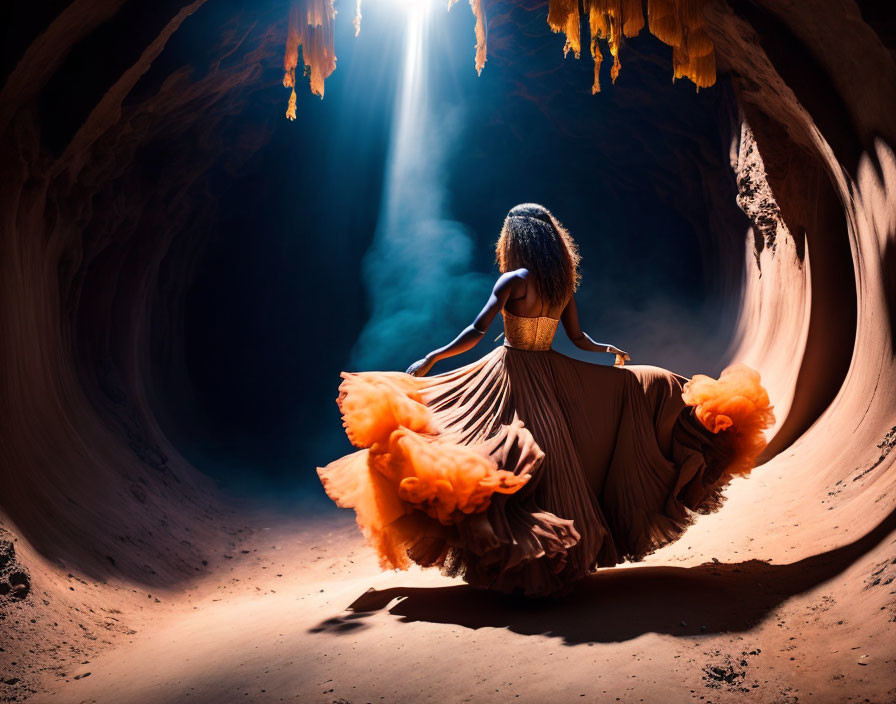 Woman in flowing dress sitting in cave with sunlight and rocky textures