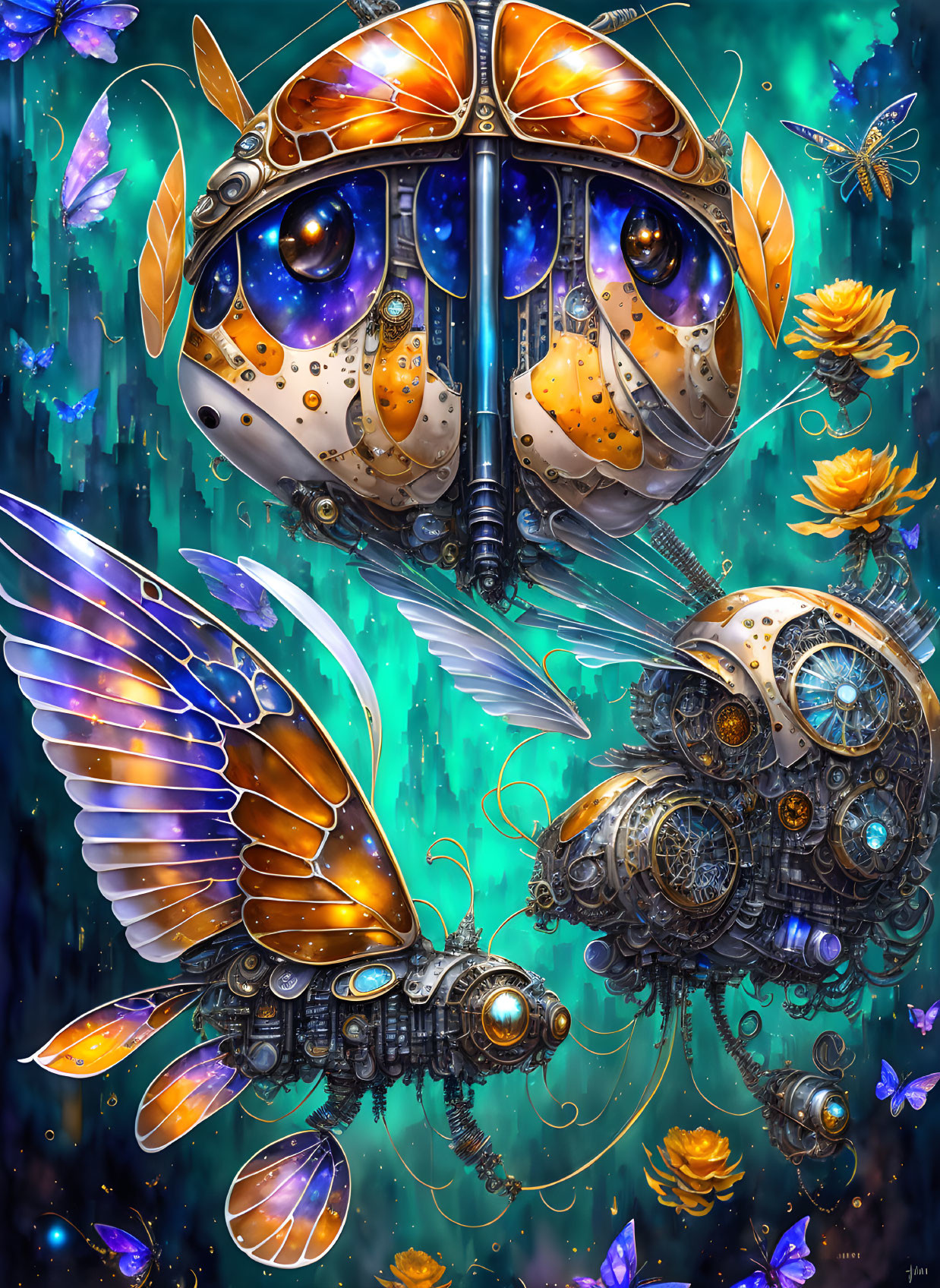 Digital artwork of two mechanical insects on teal background with orange flowers