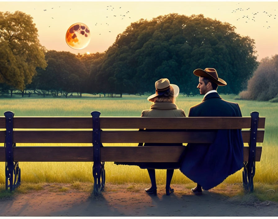 Vintage-dressed couple admiring surreal cookie moon in park.