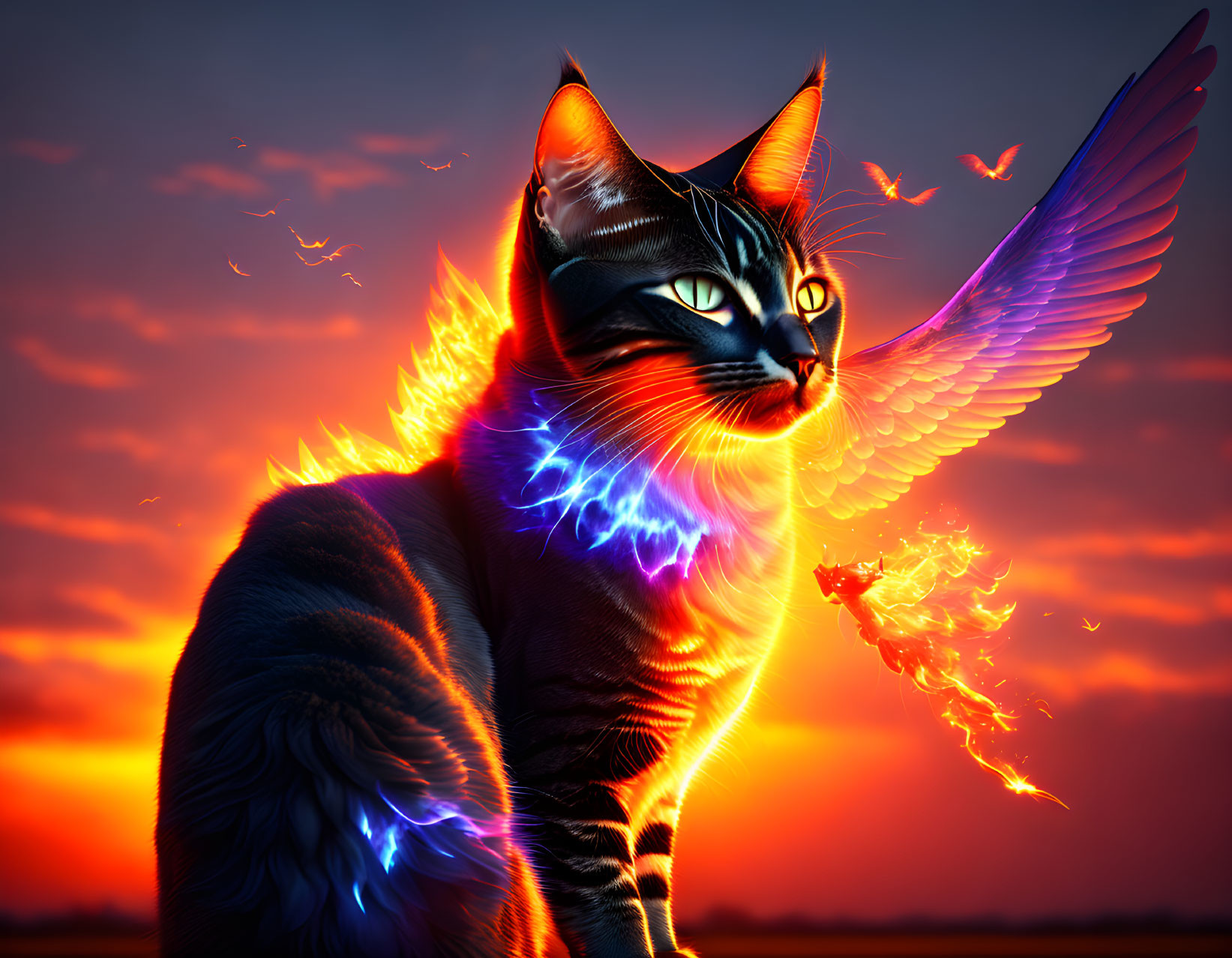 Majestic winged cat with fiery wings in vibrant sunset scene