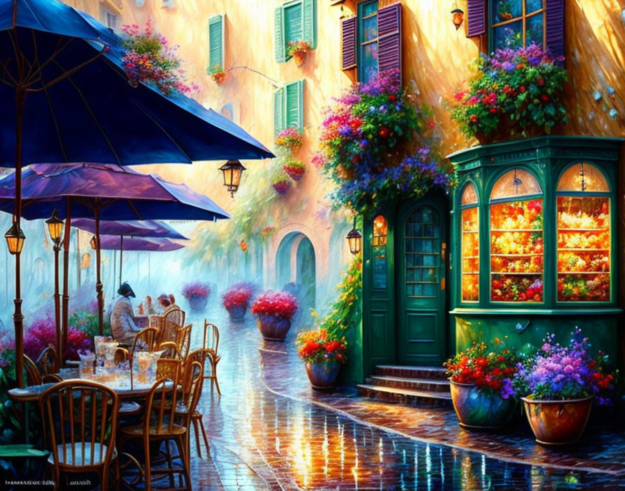 Colorful street painting featuring person with umbrella, flowers, wet cobblestones, and café ambiance