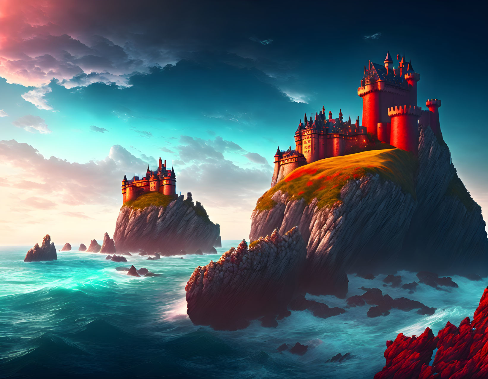 Cliff-top castles with dramatic skies and crashing waves