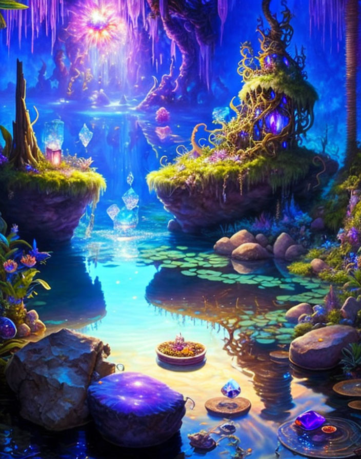 Fantasy landscape with floating islands, glowing crystals, serene water, vibrant flora