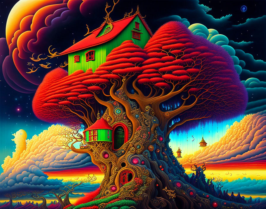 Colorful fantasy artwork: Tree with house in branches, celestial backdrop