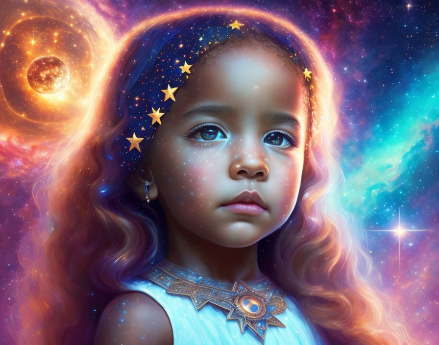 Cosmic-themed portrait of young girl with star-speckled skin and galaxy-colored hair