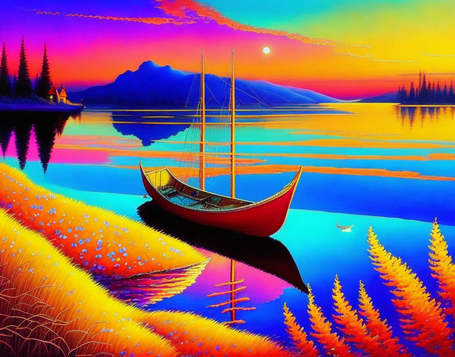 Colorful sunset scene with sailboat on calm lake amid vibrant foliage