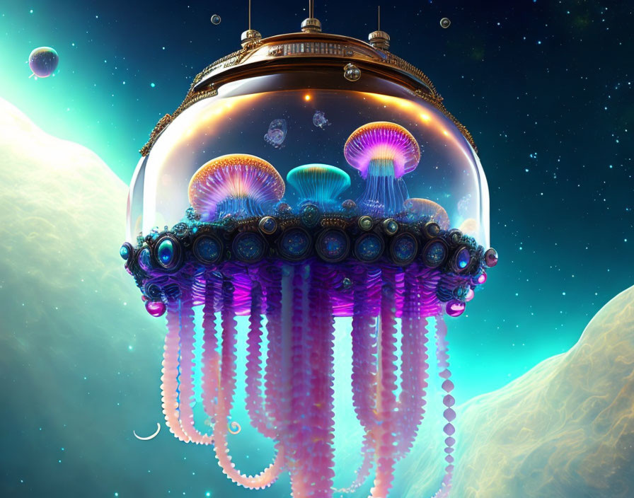 Vibrant blue and purple spaceship resembling a jellyfish in celestial space.