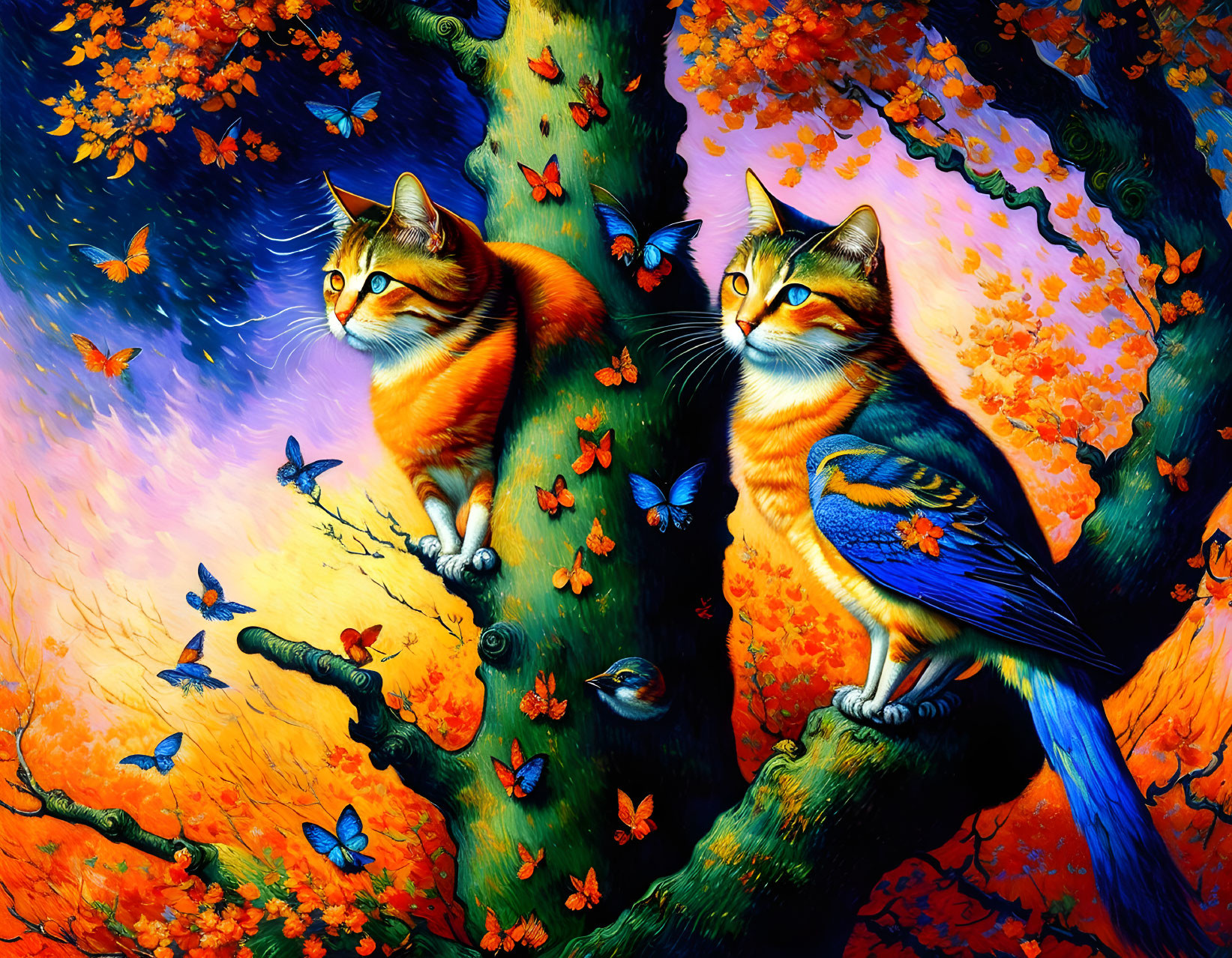 Colorful Forest Scene: Two Cats with Bird-Like Feathered Tails on Tree