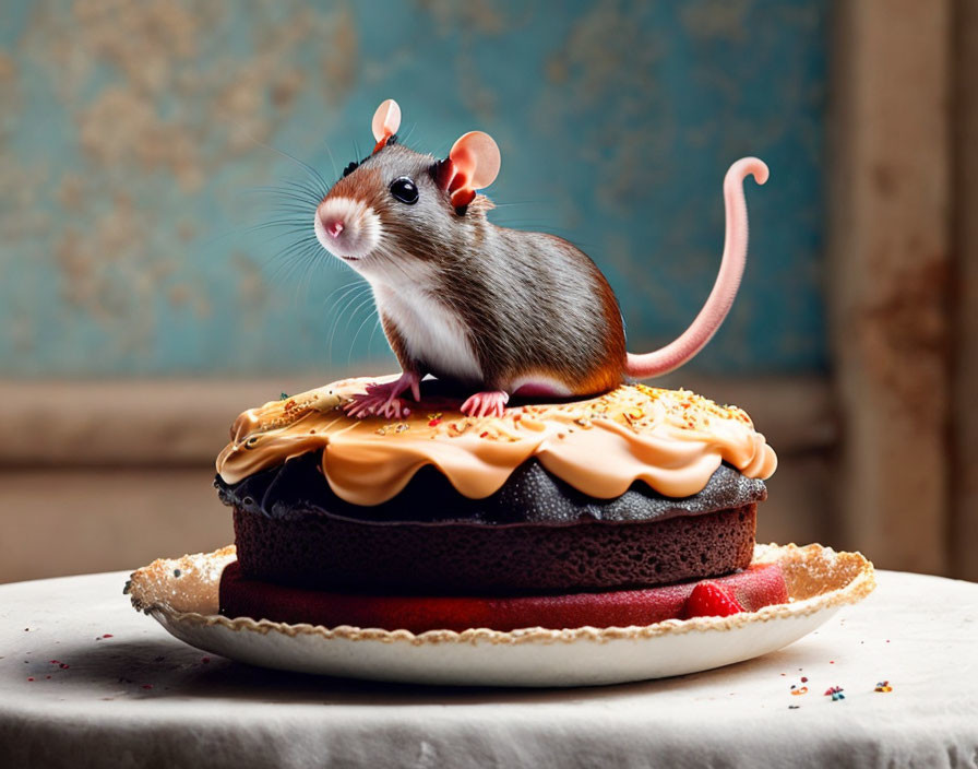 Adorable mouse on chocolate cake with icing and almonds on vintage background