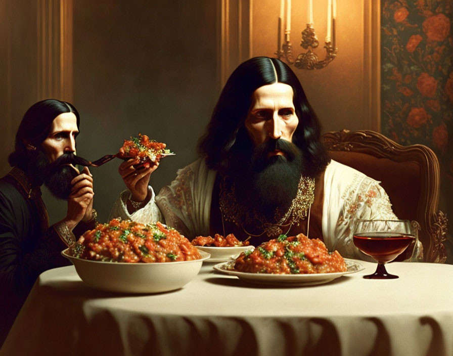 Identical men with long beards dining on spaghetti in opulent, historical setting