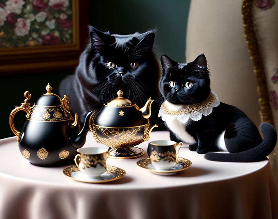 Black cats with yellow eyes beside elegant tea set on floral-themed table.