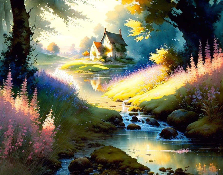 Scenic painting of cottage by stream and trees