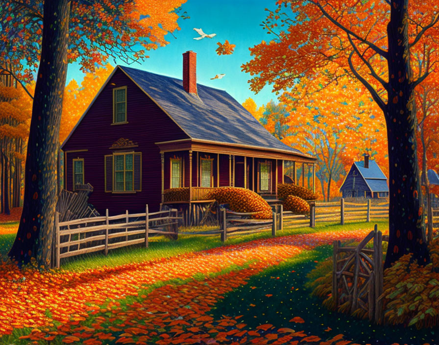 Blue house with porch, white fence, autumn trees, fallen leaves