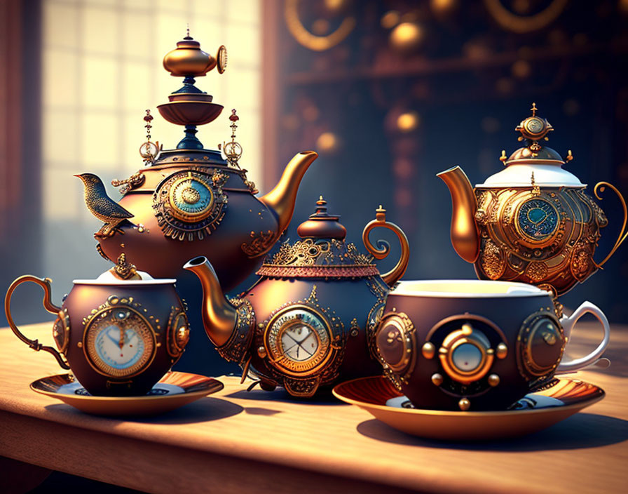 Steampunk-inspired teapots and cups with intricate metallic gears in sunlight